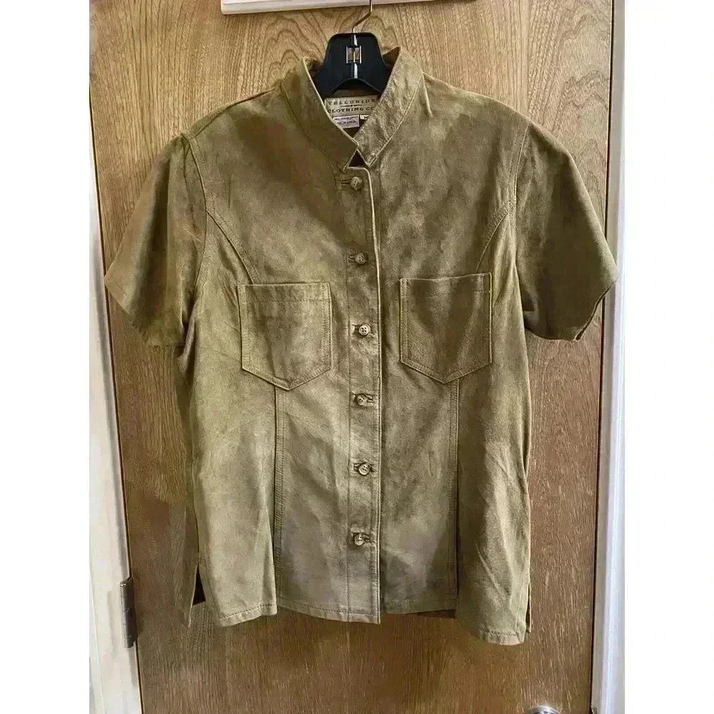 Vintage Telluride Clothing Co Leather Suede blouse Short Sleeve M Tan Button-up
